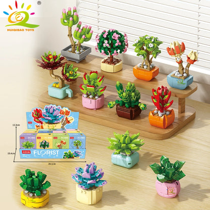 HUIQIBAO MOC Flower Succulent Potted Model Building Block DIY Eternal Bouquet Home Desk Plant Decor Brick Girl Gift Children Toy