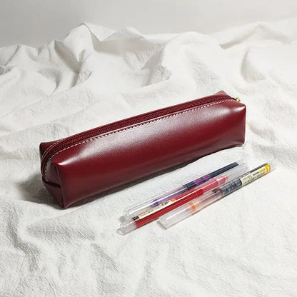 Oily Synthetic Faux Leather Texture Pencil Case - Small Capacity Retro Minimalist School & Office Organizer with Zipper Closure