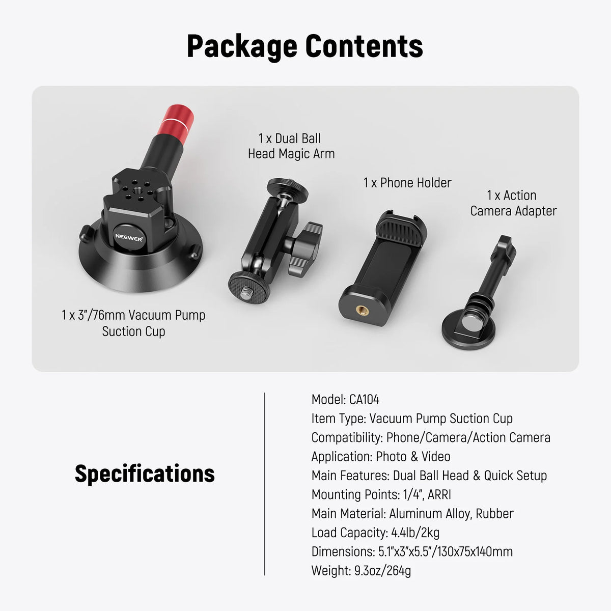 Neewer 3" Suction Cup Camera Mount Bracket with Ball Head Magic Arm, Quick Release Car Mount For iPhone DJI Insta360