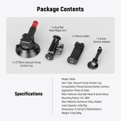 Neewer 3" Suction Cup Camera Mount Bracket with Ball Head Magic Arm, Quick Release Car Mount For iPhone DJI Insta360