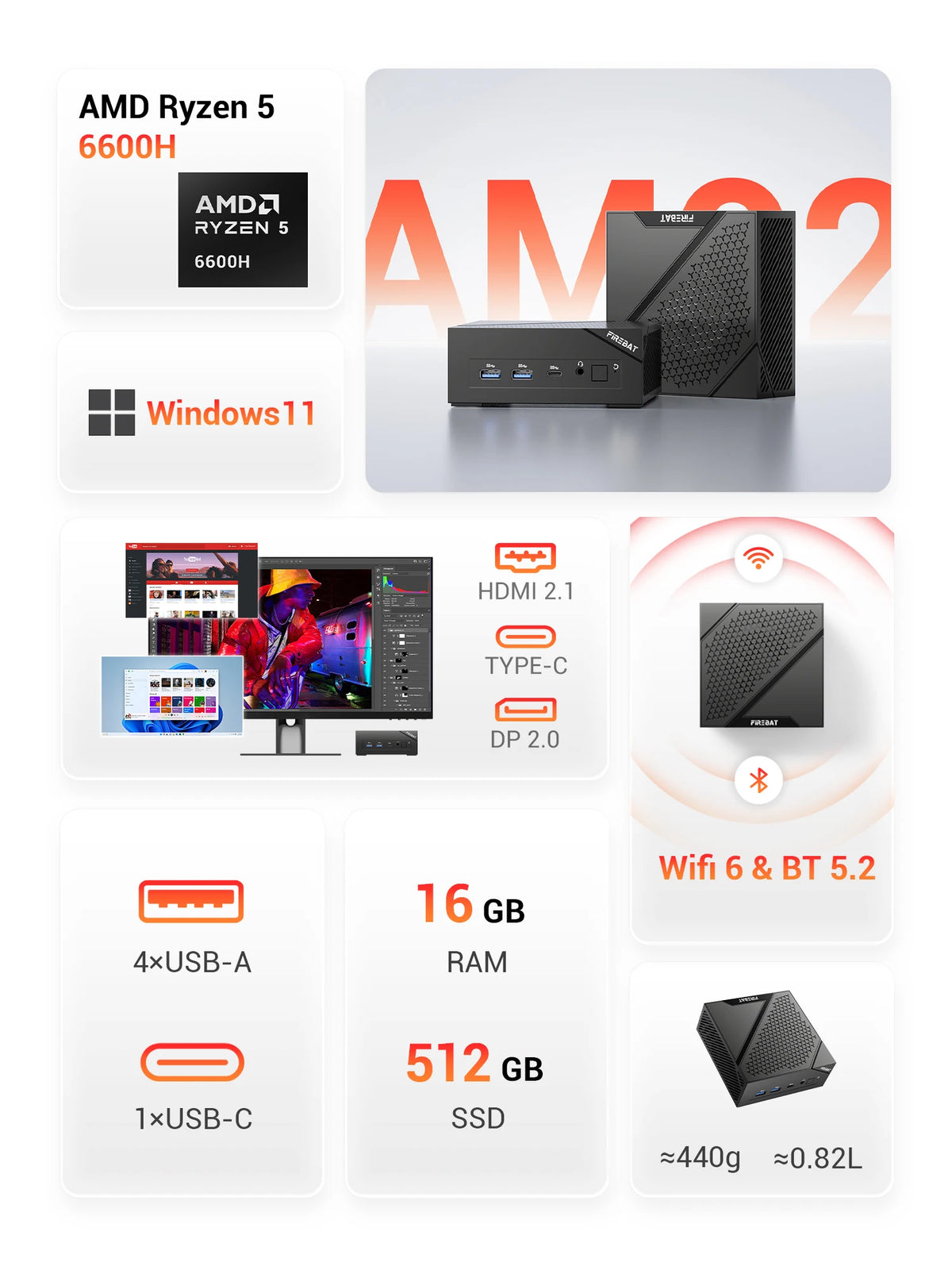 FIREBAT AM02 Mini PC AMD Ryzen 5 6600H CPU 6C/12T 16GB LPDDR5 RAM 512GB SSD Windows 11 Desktop WIFI6 BT5.2 Gaming Computer
