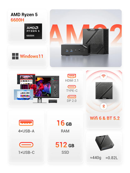 FIREBAT AM02 Mini PC AMD Ryzen 5 6600H CPU 6C/12T 16GB LPDDR5 RAM 512GB SSD Windows 11 Desktop WIFI6 BT5.2 Gaming Computer