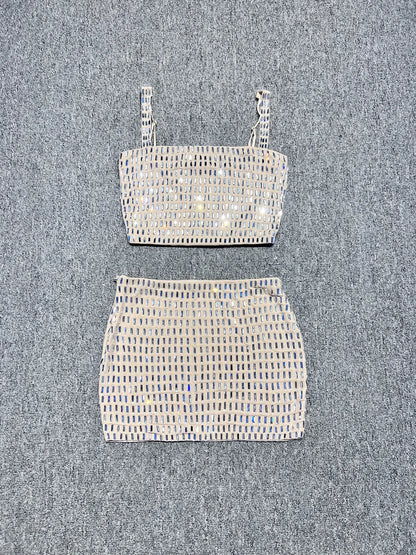 2025 Women Sexy Sleeveless Diamonds Pink Midi Bodycon Two Pieces Skirt Bandage Set  Celebrity Designer Fashion Women's Set