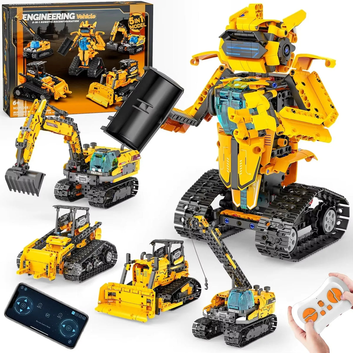 520Pcs 3 in 1 Deformation City RC Robot Excavator Racing Car Building Blocks Remote Control Bulldozer Truck Bricks Toys For Kids
