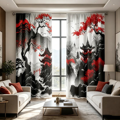 2 Pieces of Japanese Style New Chinese Ink Pattern Printed Curtains with Pole Bag Design, Suitable for Bedrooms and Living Rooms