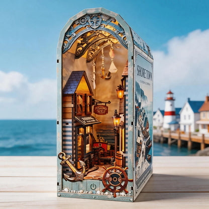 NEW DIY Wooden Shore Town House Book Nook Shelf Insert Kits Miniature Model Kit Bookend for Friends Birthday Gifts