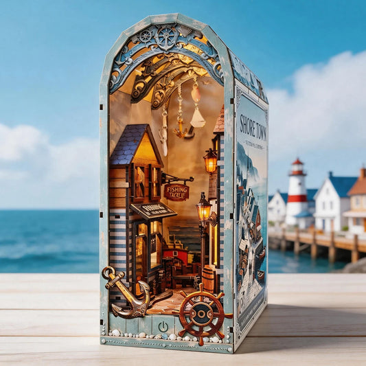 NEW DIY Wooden Shore Town House Book Nook Shelf Insert Kits Miniature Model Kit Bookend for Friends Birthday Gifts