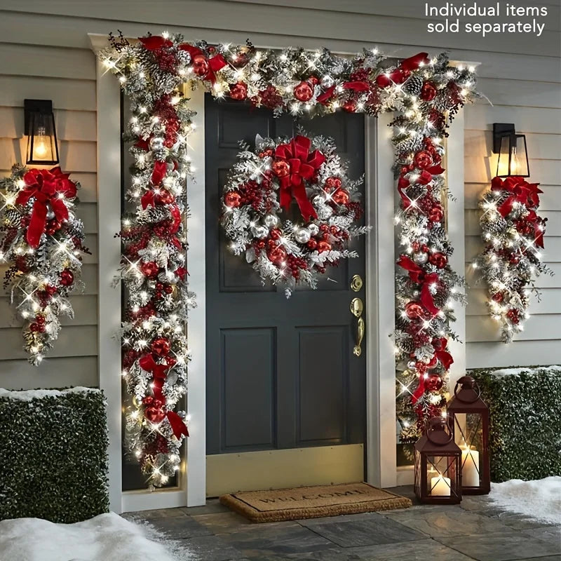 Christmas Wreath Rattan Set Christmas Decorations Bow Flower Garland For Front Door Hanging Christmas Ornaments New Year Decor