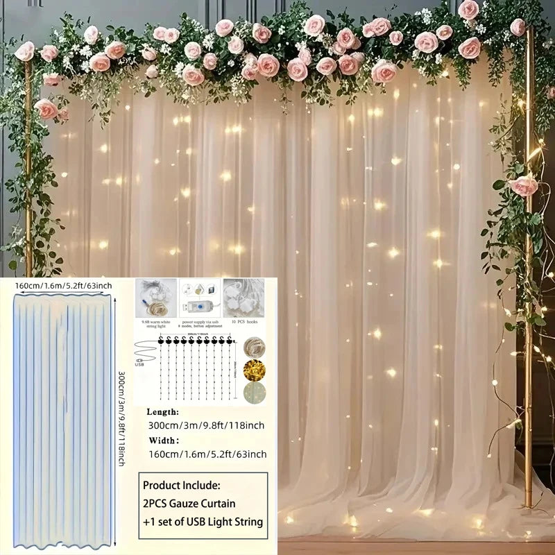 3M LED White Tulle Backdrop Curtains with Light Decoration for Wedding Engagement Birthday Party Baby Shower Decor Supplies