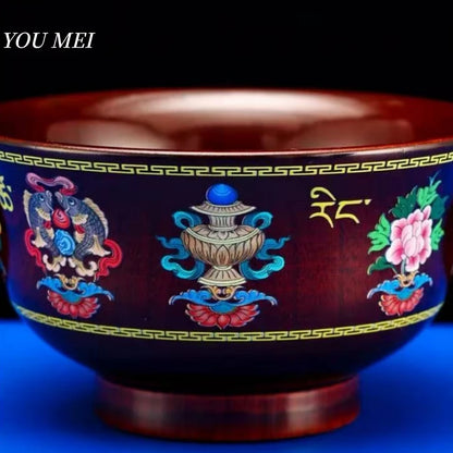 Tibetan-Style Solid Wood Dark-Colored Tsampa Bowl,Auspicious Wooden Butter Tea Bowls,Handicraft Holy Water Bowl Buddhist Item