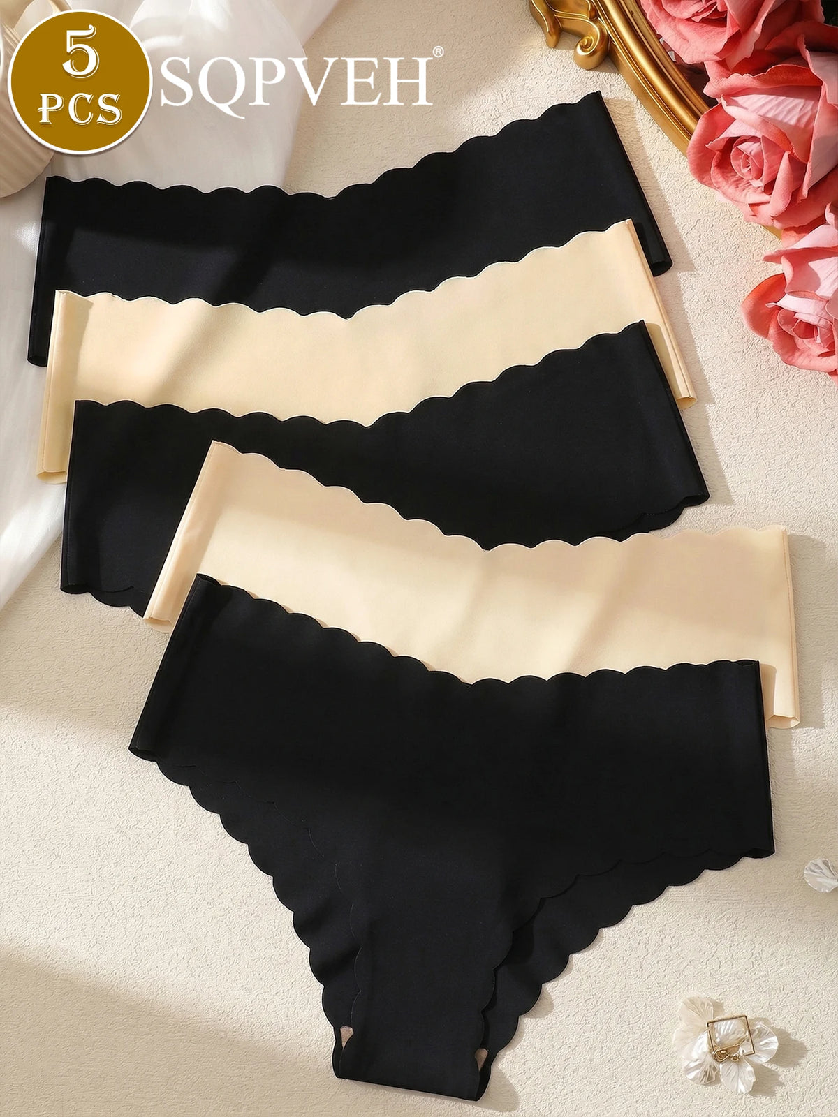 5PCS Women's Seamless Wavy Edge Underwear, Breathable Comfortable Solid Color Briefs