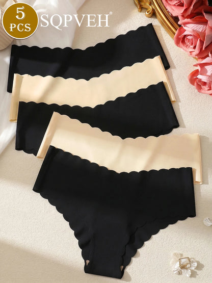 5PCS Women's Seamless Wavy Edge Underwear, Breathable Comfortable Solid Color Briefs