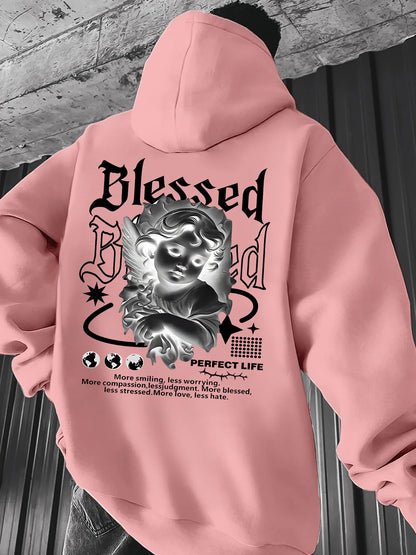 Men's Aesthetic Angel Hoodie Hip Hop Sports Streetwear Blessed Vintage Cherub Print Casual Loose Pullover Sweatshirt Tops
