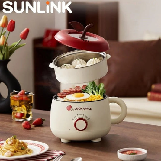 1pc Mini Electric Cooking Pot with Steamer Tray Multifunctional Electric Hot Pot Adjustable Heat Rice Cooker for Dormitory Home