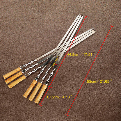 45/55cm BBQ Fork Wood BBQ Skewers Long Handle Kebab Barbecue Grill Sticks Reusable Stainless Steel Outdoor Camping Grill Needle