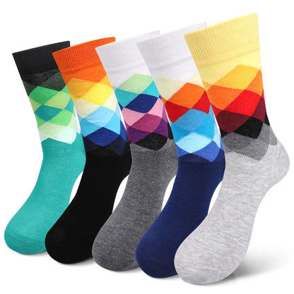 5 Pairs Colorful Geometric Men's Mid-tube Socks Fashion Breathable Sports Sock Comfortable Casual Crew Socks Suitable Daily Wear