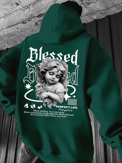 Men's Aesthetic Angel Hoodie Hip Hop Sports Streetwear Blessed Vintage Cherub Print Casual Loose Pullover Sweatshirt Tops