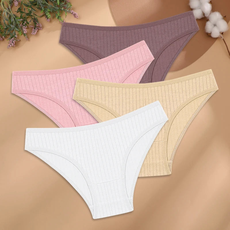 4Pcs/Set Cotton Panties Women Striped Solid Color Briefs Sexy Low-Waist Breathable Underpants Ladies Soft Stretch Lingerie M-XL