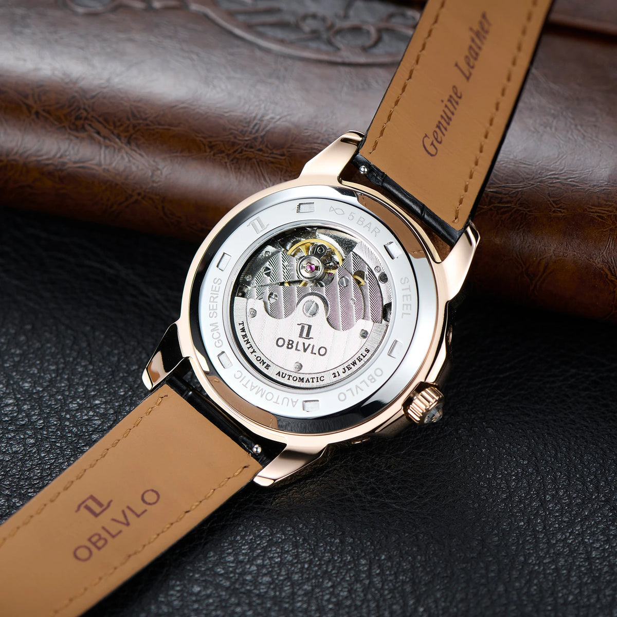 OBLVLO Men's Fashion Automatic Watch Colorful Zircon Moonphase Mechanical Multifunctional Black Leather Strap Timepiece GCM-MUT