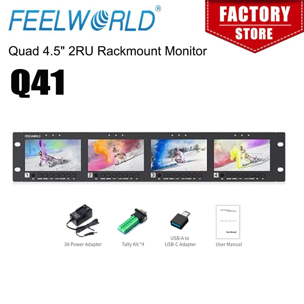 FEELWORLD Q41 Quad 4.5' 2RU Rackmount Monitor 3G-SDI 4KHDMI AV Input and Output 1280x720 Pixels