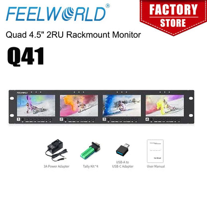 FEELWORLD Q41 Quad 4.5' 2RU Rackmount Monitor 3G-SDI 4KHDMI AV Input and Output 1280x720 Pixels