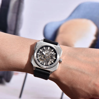 PAGANI DESIGN Sports Square Men's Mechanical Automatic Watch, Waterproof Skeleton Retro Leather Outdoor Sports Luminous Gift Men