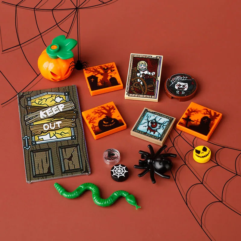 DIY City Tiles Printed Building Blocks Street View Ghost Pumpkin Medical Stretcher Music Package Bricks Christmas Halloween Toys