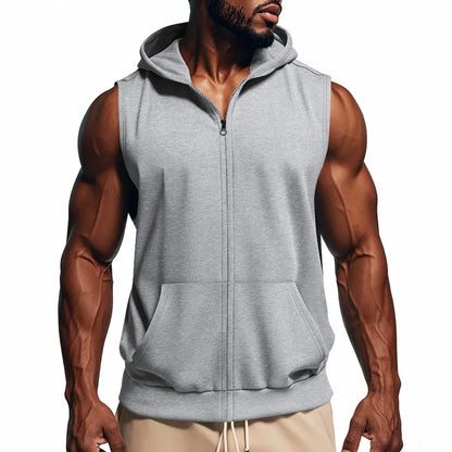 Summer New Hooded Vest Men's Sports Fitness Training Zipper Cardigan Sleeveless Vest Sleeveless Downjacket Blouson Homme Hiver