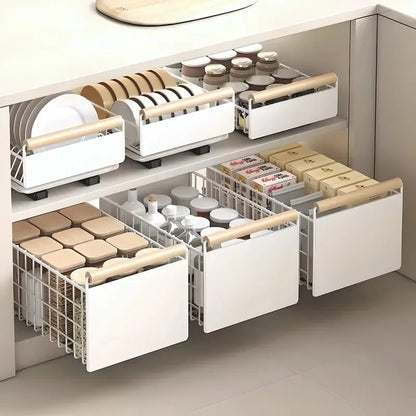 Pull-Out Kitchen Storage Rack - Carbon Steel Dish Rack with Sliding Drawers for Dishes, Cutlery, and Condiment Storage Organizer