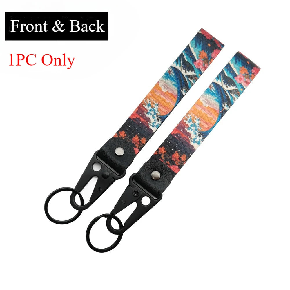 JDM Style Ukiyo-e Crane Keychain Racing Modified Nylon Motorcycle Keyring Auto Key Holder Accessories