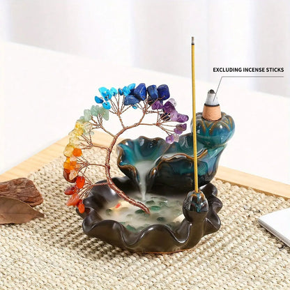 1pc Natural Crystal Seven Chakra Gravels a ceramic 7 flowing backflow cones featuring Phoenix Tail Lucky Tree Healing Gemstone O