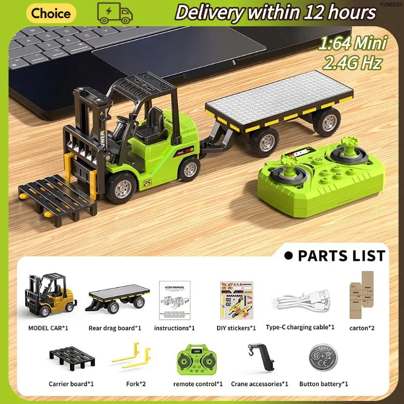 1:64 Mini Remote Control Alloy Excavator Truck Forklift with Trailer Worktop  Bluetooth 2.4GHz RC Car Child's Toy Holiday Gifts