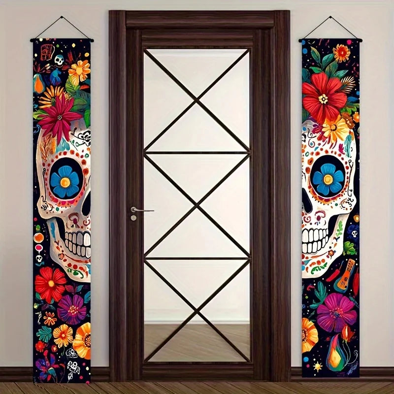 2PCS Mexican Day of The Dead Porch Sign Door And Wall Decoration Couplets Banner for Dia De Los Muertos Celebration Party Supply