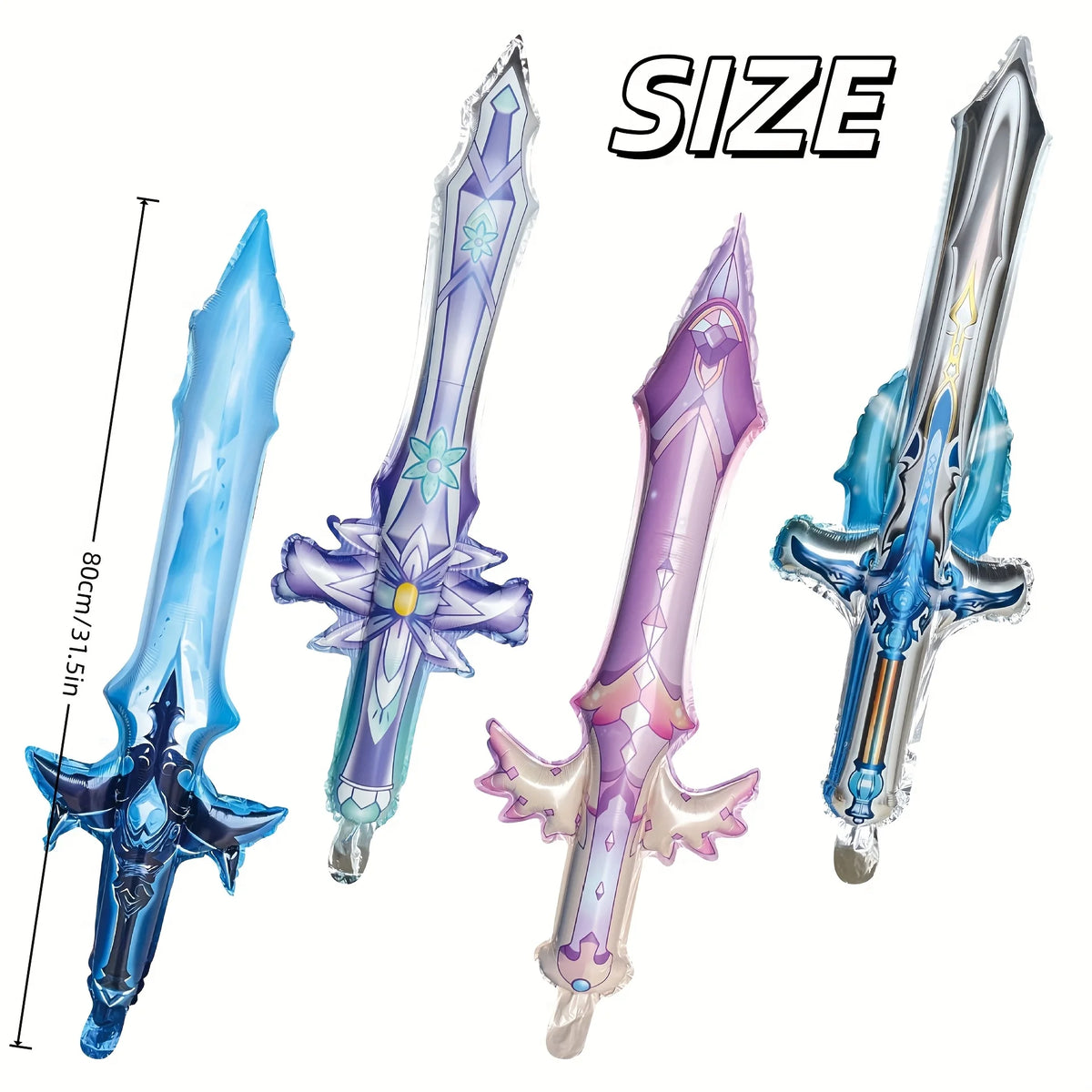 4PCS Mylar Sword Balloons，Gaming-Themed Party Decor & Kids Toy Balloons, Reusable Air Inflatable for Birthday, Cosplay, and Fest