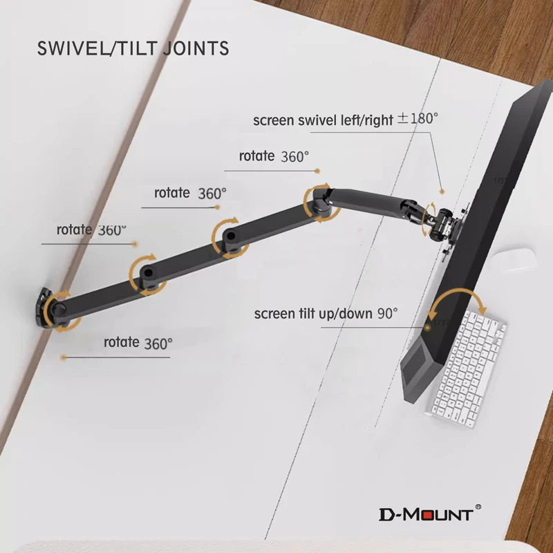 D-MOUNT 7014 Aluminum Mechanical Spring 17'-32' TV Monitor Wall Mount Bracket Extra 4 Section Long Arm Full Motion Rotate 3-6kg