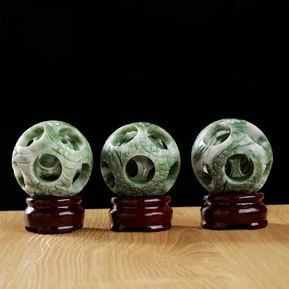 1pc Hand-Carved Lushan Jade Hollow Ball Reiki Energy Crystal Figurine St. Patrick's Theme for Home Decor Healing