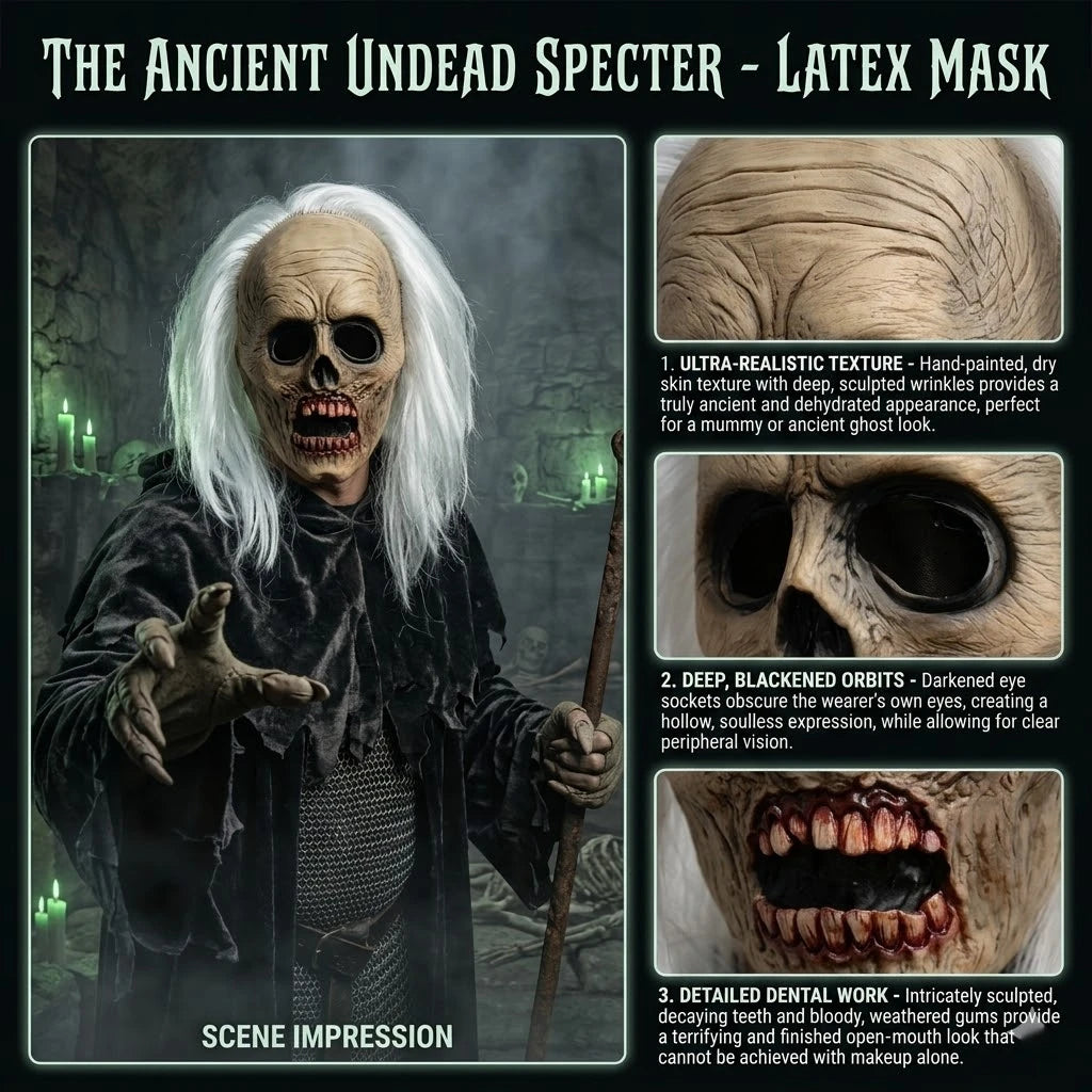 Professional Haunted House White Hair Zombie Skull Mask Head Latex Scary Undead Costume Cosplay Accessory Halloween Carnival