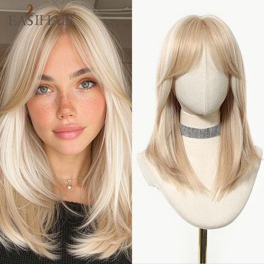 EASIHAIR Medium Length Blonde Straight Synthetic Wigs For Women Natural Blonde Hair Wigs With Bangs Daily Cosplay Heat Resistant