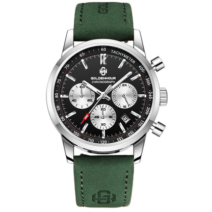 Men's Luxury Watch GOLDENHOUR Green Chronograph Quartz Leather Waterproof Luminous Military Sport Wristwatch Relogio Masculino