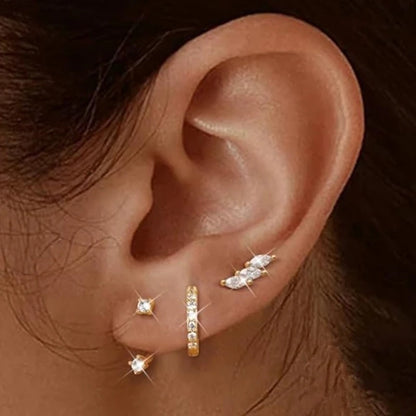 3PCS Stainless Steel Gold Color Circle Hoop Earrings Set for Women Simple Zircon Flower Stud Earring Cartilage Piercing Jewelry