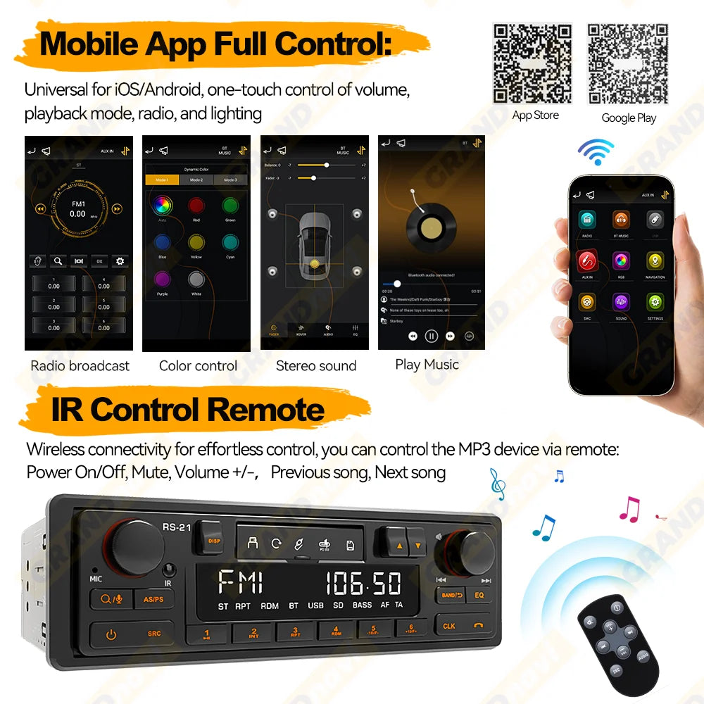 1DIN Retro Car Radio MP3 Player Stereo Bluetooth FM AM RDS Support QC3.0 For Porsche VW Benz BMW Land Rover Audi Alfa Romeo