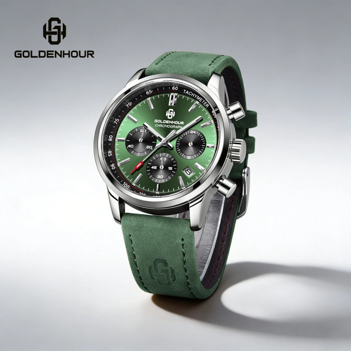 Men's Luxury Watch GOLDENHOUR Green Chronograph Quartz Leather Waterproof Luminous Military Sport Wristwatch Relogio Masculino