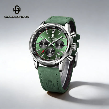 Men's Luxury Watch GOLDENHOUR Green Chronograph Quartz Leather Waterproof Luminous Military Sport Wristwatch Relogio Masculino