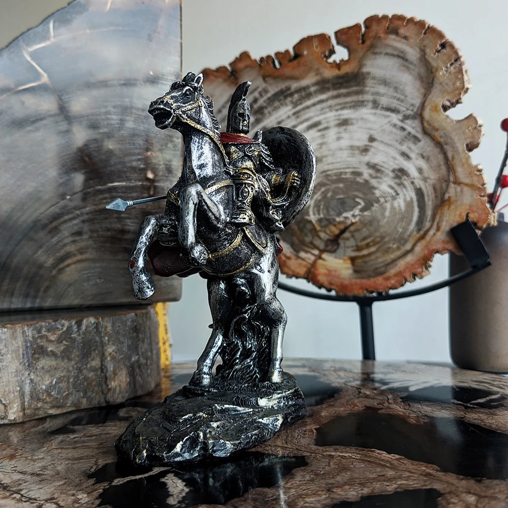 Spartan Resin Warrior Figure Home Office Decor Tabletop Ornament with Horse Figurine Livingroom Decoration