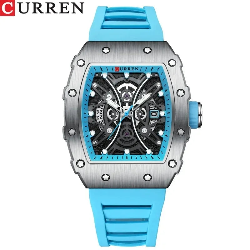 Curren 8438 Luxury Silicone Strap Men's Quartz Wristwatches Waterproof Square Sports Watch with Calendar Function