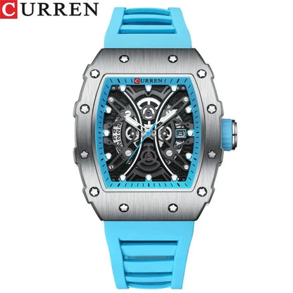 Curren 8438 Luxury Silicone Strap Men's Quartz Wristwatches Waterproof Square Sports Watch with Calendar Function