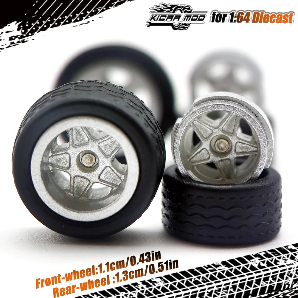 1/64 Model Car Wheels with Rubber Detachable Tires Pentagram Spoke Refitting Parts for Matchbox D:11mm+13mm 1 Set