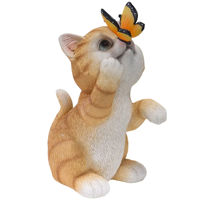 Cute Resin Cat Sculpture with Butterfly Solar Light Garden Courtyard Terrace Lawn Decorative Statue Lamp Ornament