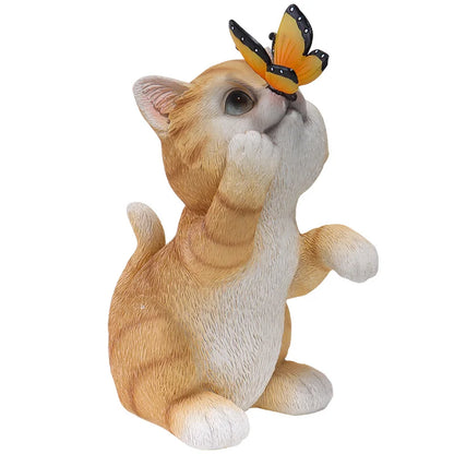 Cute Resin Cat Sculpture with Butterfly Solar Light Garden Courtyard Terrace Lawn Decorative Statue Lamp Ornament