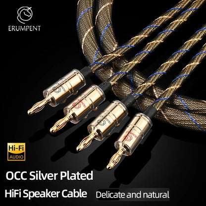 One Pair HiFi Speaker Cable High-end OCC Silver Plated Audio Amplifier Cable With Banana Gold Plating Plug Cable